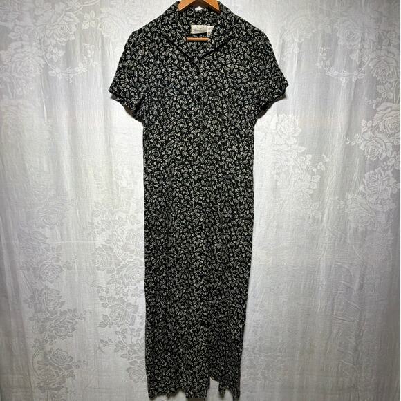 Vintage Dresses & Skirts - Vintage Midi Shirt Dress 12 Black Cream Floral Short Sleeve Collared Tie